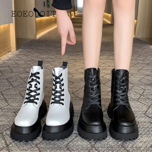 EOEODOIT Promotion 7 CM High Heels Women Leather Platform Boot Height Increasing Motor Boots Autumn Casual Ankle Booties