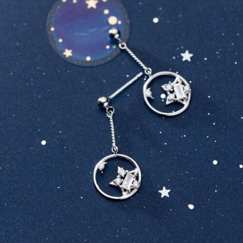 MloveAcc 100% 925 Solid Sterling Silver Fine Jewelry Clear Zirconia Crystal Star Shape Dangle Earrings for Fashion Women Girls L
