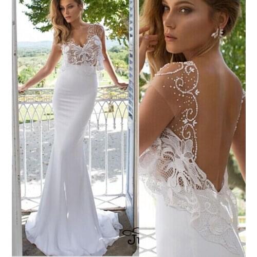 Vestido de noiva Elegant V-neck Sheath Mermaid Cap Sleeve Beaded Lace Lace Bridal Gown mother of the bride dresses