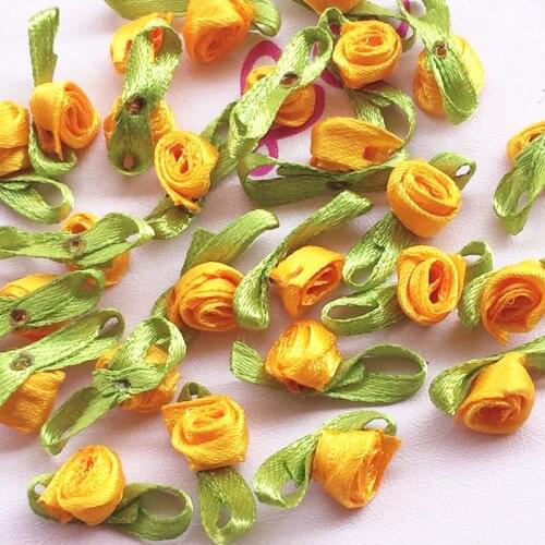 200 Pcs/pack yellow color Appliques Scrapbooking DIY Satin Ribbon Roses Flower Sewing Handmade Small Wedding Party Craft Decor