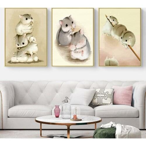 3x DIY Oil Painting by Numbers Hamster Animals Triptych Modular Coloring Picture Art Paint Home Decor Wall Sticker Unfinished