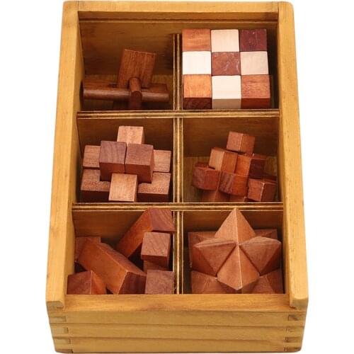 6 Pcs/Set New Design Brain Teaser Kong Ming Lock 3D Wooden Interlocking Burr Puzzles Game Toy Learning Education Puzzle Toy