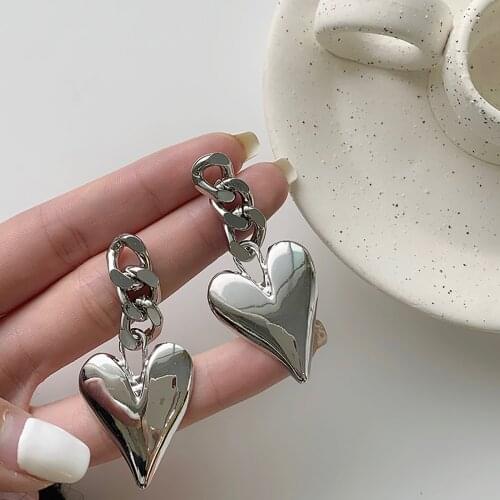 AENSOA 2021 Trendy Silver Color Love Heart Drop Earrings Punk Unique Heart Shape Vintage Earrings for Women Party Street Jewelry
