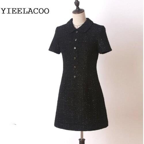 Black tweed dress Short sleeve 2020 spring / autumn womens dress tassel ladies slim bottoming dress one-piece