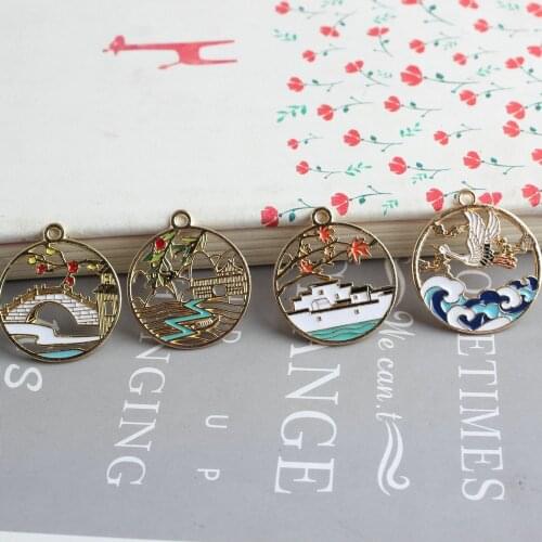 Enamel charm for jewelry making and crafting 10pcs Round Chinese Landscape Charms earring pendant necklace bracelet charms