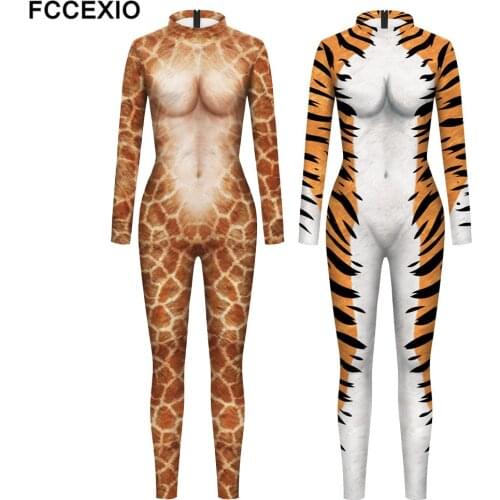 FCCEXIO The Giraffe Tiger Skin 3D Print Sexy Bodysuits Cosplay Costume Jumpsuit Adults Onesie Long Sleeve Outfits