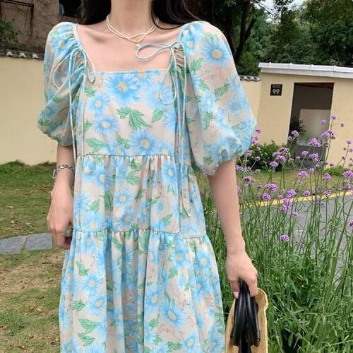 Blue Relaxed Temperament Light Mature Wind Large Print Dress Medium Length Sweet Age Reducing Skirt
