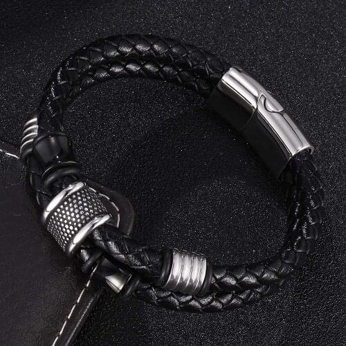 Classic Punk Stainless Steel Magnetic Metal Clasp Bangles Men Jewelry Two Layers Black Genuine Leather Bracelet BB0958