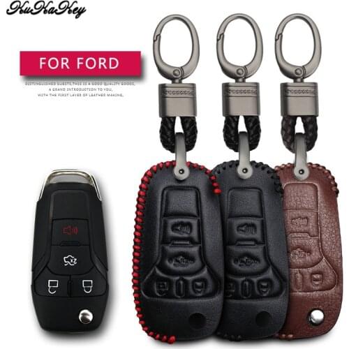 Leather Car Key Case Cover Protection Shell Skin For Ford ka Focus Fiesta Fusion F150 F-150 Mustang Car Keyring Keychain
