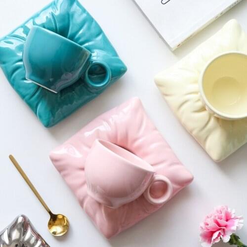 Creative Ceramic Coffee Cups with Pillow Shape Plates Personalized Tea Cup Set Home Table Accessories Decor Unique Gifts For Her