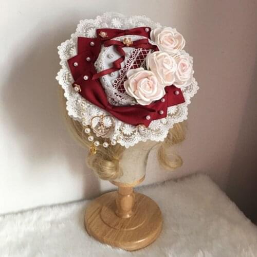 Lolita Sweet Lace Mini Top Hat Pearl Beaded Ribbon Bowknot Rose Flower Fascinators Anime Cosplay Hair Accessories