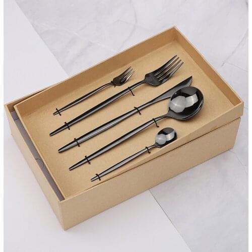 Tableware Set Black Stainless Steel Cutlery Set Kitchen Mirror Golden Dinnerware Knife Fork Spoon Dinner Spoon Set Gift Box