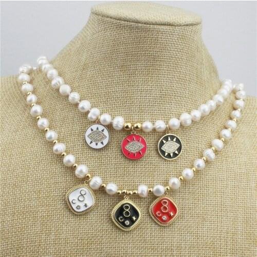 18inch 5pcs/lot New design cute necklace,eye shape cz/enamel pendant with freshwater pearl chain,plated necklace wholesale