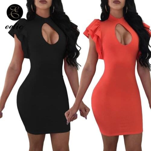 Open Chest Dress Ruffles Wrist Sleeve Sukienka Plain Sexy Tight Mini Dresses Party Night Club Dress Women Robe Femme Ete 2021