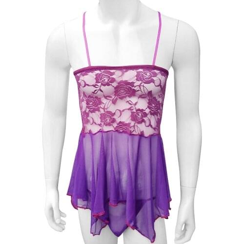 Sheer Mesh Mens Sissy Dress Sissy Lingerie Set Crossdresser Dresss Adjustable Straps Lace Sissy with G-string