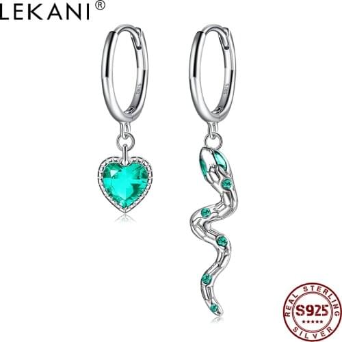 LEKANI Asymmetry Series Drop Earring For Women S925 Sterling Silver Heart And Snake Shape Earrings Green Zircon Inlay Jewelry