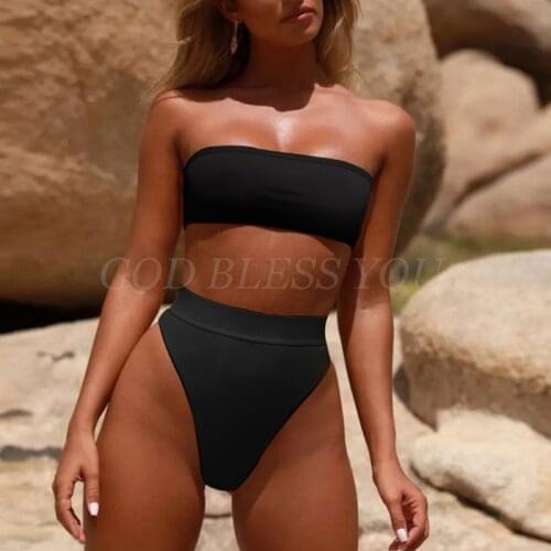 Womens Sexy 2 Piece Bikini Set Strapless Bandeau Removable Pad Swimsuit High Waist Thong Solid Color Bathing Suit Drop Shipping