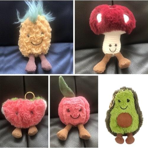 15cm Small Cute Plush Apple Pineapple Mushroom Avocado Keychain Soft Fruit Doll Toy Key Ring Pompom Plush Car Key Pendant