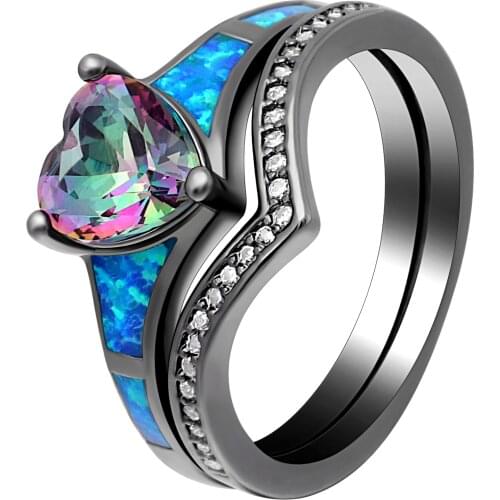 2pc Heart Fire Opal Rings For Women Blue Clear Cz Vintage Fine Jewelry Engagement Black Gold Filled Rainbow Birthstone Ring