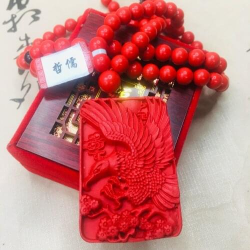 Zheru natural cinnabar carved red large flying eagle pendant with cinnabar bead necklace men and women sweater chain