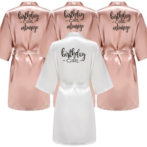Birthday Party Girl & Entourage Robes Satin Pajamas Dressing Gown Black White Writing Letter Kimono S-4XL