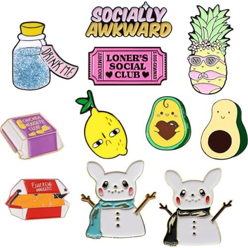 Brooches Fruit pineapple avocado lemon fried chicken drink Snowman socially awkward lones social club tickets Enamel Pin Brooch