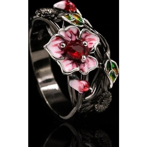 Exquisite Womens Jewelry Red Flower 925 Silver Ring Creative Elegant Womens Jewelry Attend Banquet Wedding Ring