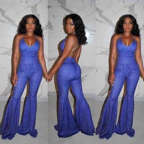 Europe and America Sexy Striped Suspenders Flared Pants Jumpsuit Overalls Bodysuit Nightclub Ropa De Mujer Womens Clothes New