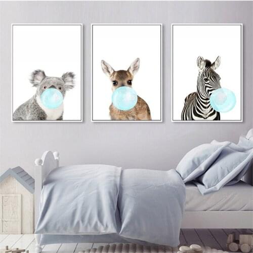 Rabbit Zebra Blow Balloon Nordic Poster Prints Animal Kids Room Decor Cartoon Giraffe Wall Pictures for Living Room