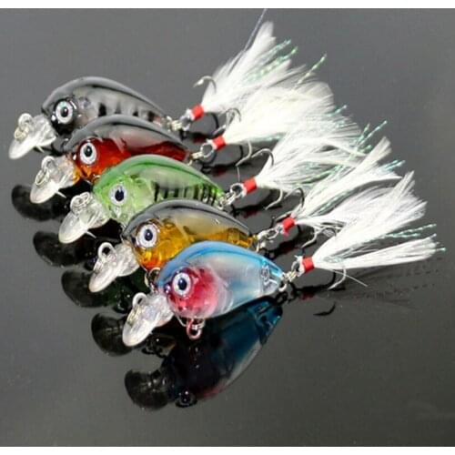 L105H 5pcs/set 3.6cm 4g Fishing Lures Crank Baits Mini Crankbait 3D Eye Artificial Hard bass Wobbler bait Feathered Hooks