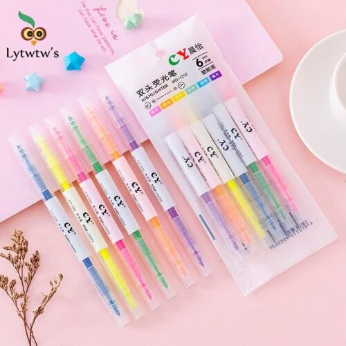 6 Pieces Lytwtws Korean Double Writing Creativity 6 Color Cute Art Marker Graffiti Highlighter Pens