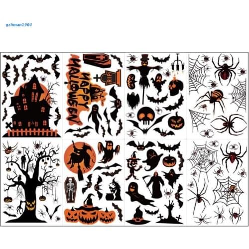 P15D 8 Sheets Halloween Spider Bat Pumpkin Witch Window Clings Stickers Glass Decal