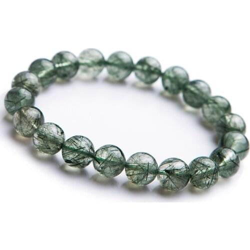 Genuine Natural Green Rutilated Quartz Round Crystal Bead Women Lady Charm Stretch Bracelet 10mm