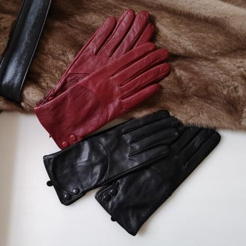 Real Leather Gloves Female Thin High Quality Goatskin Keep Warm Hollow With Button Spring Autumn Fashion Women Gloves L090NN