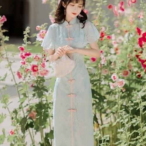 Cheongsam Dress Modern 2021 Chinese Leaf-side Short-sleeved Retro Qipao Dress Cheongsam Oriental Party Dresses Summer for Women