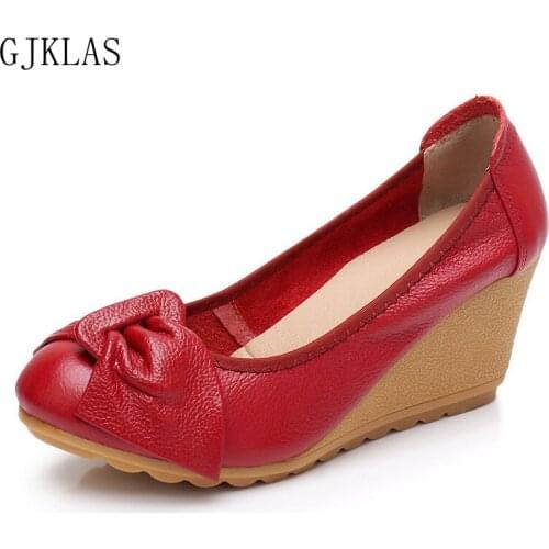 Bow Genuine Leather Women Shoes High Heel Wedges Shoes for Women Heels Classy Wedding Dress Heels Office Wear Ladies Shoes Heel