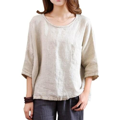 Springle Summer Women Short Half Sleeve Cotton Linen Flaxen O Neck T-Shirt Lady Loose Casual Retro Round Collar Thin Tops Shirt