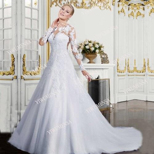 YIWUMENSA Vestidos De Noiva Skin O Neck Lace A Line Wedding Dress Women Bride Illusion Tulle Elegant Bridal Gowns Plus Size 2021