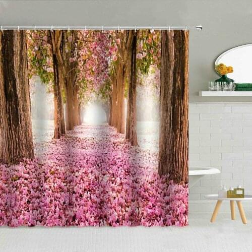 Pink Cherry blossoms Scenery Shower Curtain Forest Flower Road Park Landscape Bathroom Decor Romantic Woman Waterproof Curtains