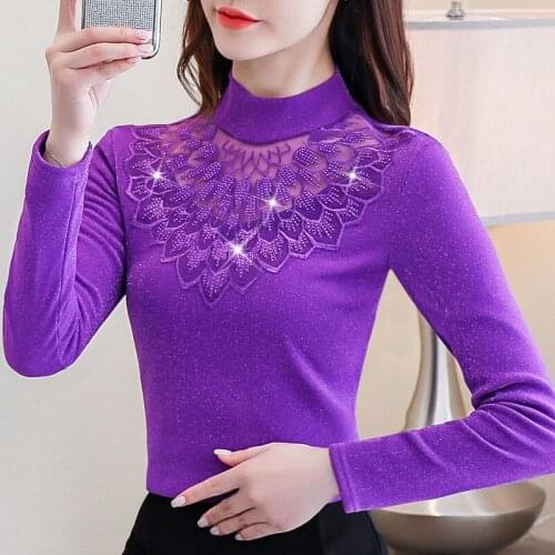 Women 2021 Autumn Winter Blouse Elegant Shirt Ladies Tops Crochet Long Sleeve Embroidery Patchwork Blouses Slim Warm Shirt X197