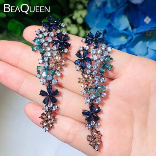 BeaQueen Blue Champagne Multicolor CZ Crystal Long Hanging Drop Cubic Zircon Flower Earring for Women Wedding Dress Jewelry E391