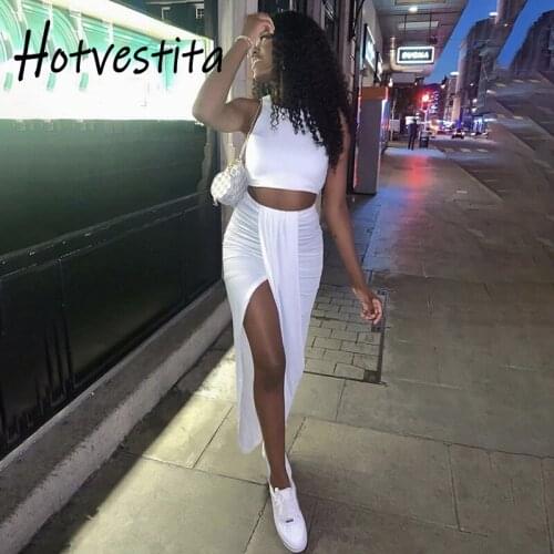 Hotvestita 2021 Sexy Women Matching Sets Crop Top Vest Ruched Split Plus Size Irregular Maxi Skirt Party Club 2 Piece Set Outfit