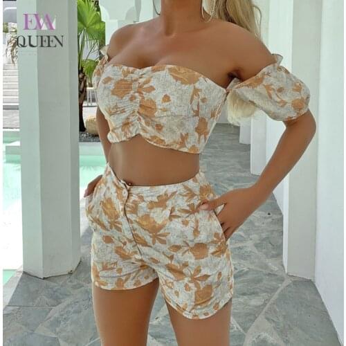 EvaQueen Floral Print Jumpsuit Women Elegant Vintage Short Short Sets Female Summer Off Shoulder Sexy Beach Party Bohu Jumpsuit