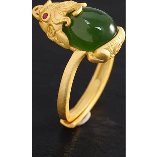 Womens Lucky Pixiu Ring 925 Sterling Silver Gold Plated Inlaid Natural Hetian Jade White Jade Jasper Opening Ring Ethnic Style