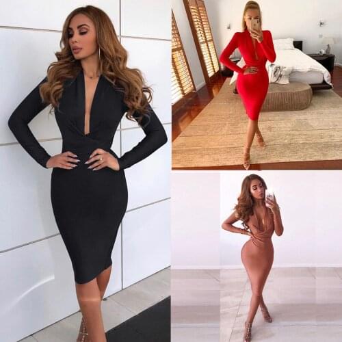Ladies Boho Dress 2021 Fall Winter Deep V-Neck Sexy Package Hips Womens Dresses Fashion Long Sleeve Bodycon Midi Dress Vestidos