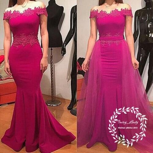 Women Off Shoulder Fuchsia Lace Appliques Long Prom evening gowns 2018 long Mermaid Detachable Skirt Mother Of The Bride Dresses