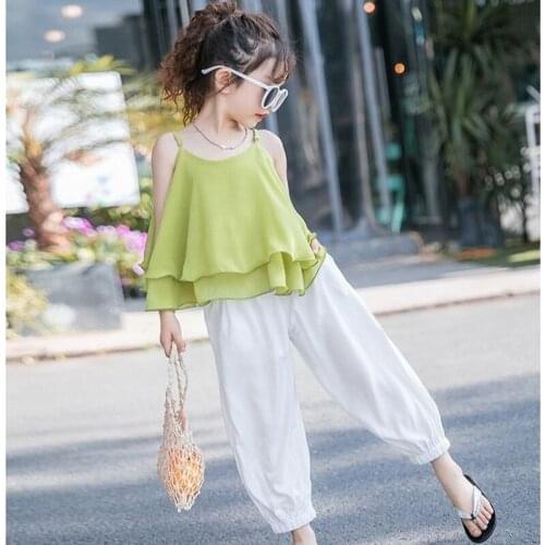 12 13 14 Year Childrens Summer O-Neck Clothing Suit 2021 Korean Little Girl Chiffon T-Shirt + Pants Sports Two-Piece Suit
