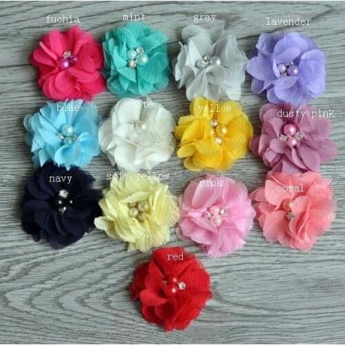200pcs/lot 2" 13 Color Fashion DIY Hair Accessories Chic Flower With Beed For Hair Clip Fabric Flower For DIY Baby Girl Headband
