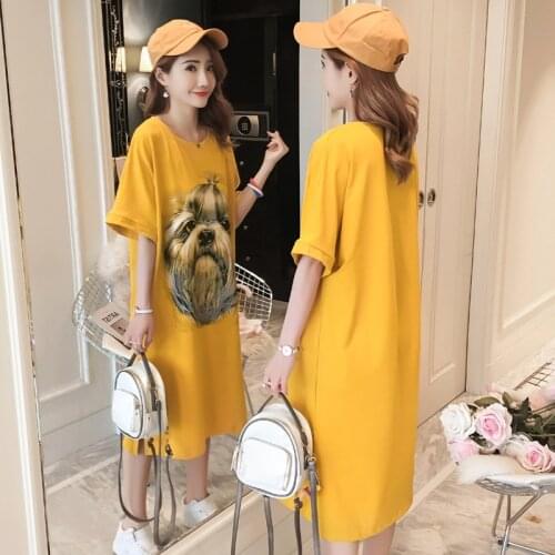 #2359 Summer Cartoon Print Tshirt Dress For Woman Plus Size Loose Cotton T-shirts Dresses Women Yellow Side Split O-neck Dresses