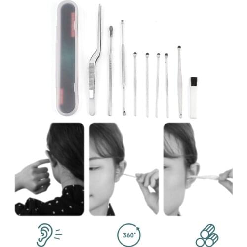 9pcs/set Ear Wax Pickers Stainless Steel Earpick Wax Remover Curette Ear Pick Cleaner Ear Cleaner Spoon Care Ear Clean Tool